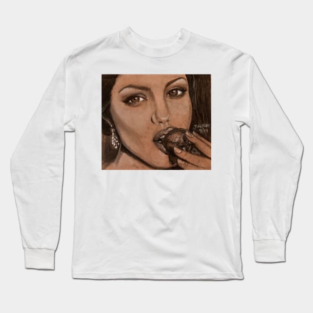 Angelina Jolie eating a strawberry. Long Sleeve T-Shirt by JedethDT